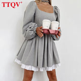 Elegant Gray Square Collar Dresses For Women 2022 Autumn Lantern Sleeve Cascading Ruffle Dresses Fashion Patchwork