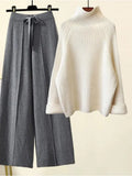 Two Piece Sets Women Winter Korean Casual Turtleneck Knitted Sweater And Wide Leg Knitting Pants Suits Women Homewear