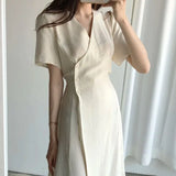 Elegant V Neck Dress Women Vintage Short Sleeve Lace Up High Waist Chic Midi Dress Korean Slim Bandage Button