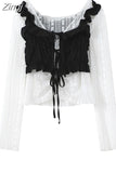 Women's Blouse White Hollow Out Mesh Black Ruffle Lace Up Draped Vest 2023 Summer Chic Vintage Casual Korean Shirt