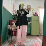 Harajuku Drawstring Print Trousers Women Oversized High Waist Embroidery Wide Leg Pants Streetwear Fashion Sweatpants