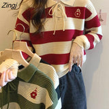 Women Embroidery Striped Y2k Sweater Fashion Loose Lace Up Pullovers Autumn Winter Korean Lazy Wind Turn-down Collar