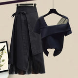 Women Summer Sets Mesh Patchwork Slash Neck Tops + Asymmetric Skirt 2 Piece Sets Female Party Suits Elegant Casual Two Piece
