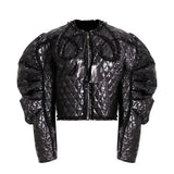 Women Cotton-padded Coat Round Neck Loose Zipper Puff Sleeve Argyle Short Jackets Winter 2022 New Tide