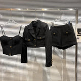 2022 Autumn Long Sleeve Short Tweed Short Jacket Padded Chest Camisole Shorts Three Pieces Set Women Outfits