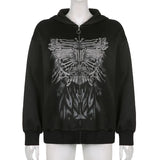 Y2K Grunge Punk Butterfly Print Oversize Zip Up Hoodies Mall Goth Streetwear Hooded Long Sleeve Black Jackets Autumn