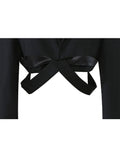 Autumn New Chic Long Sleeve Turn Down Collar Cross Waist Hollow Out Slim Blazer Women Streetwear Black Crop Top Coat
