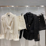 2022 Fall Winter Turn Down Collar Double Breasted Metal Buttons Slim Blazer Tweed Shorts Two Piece Set Women