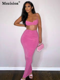 Elegant Ribbed 2 Piece Set Women Outfits Summer New Spaghetti Strap Crop Top And Long Skirt Sets Female Casual