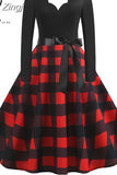 Women Plaid Print Winter Dress Black Long Sleeve Vintage Christmas Party Pin up Rockabilly Dress Robe Femme