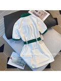 Polo Neck Dresses Women Summer Fashion Elegant Color Contrast Short Sleeve Mini A-line Dress Korean Office Lady