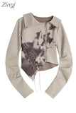 Women Vintage Print Short Jacket Trendy Irregular Turn-down Collar Loose Casual Zippers Coats Harajuku Long Sleeve