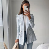 Casual Women Tweed Blazer Vintage Office Lady Jacket Coat Double Breasted Fall Winter Outerwear Female Chic