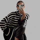 2021 Autumn Winter Oversized Knitted Pullover Women Turtleneck Long Sleeve Khaki Striped Loose Sweater Casual