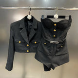 2022 Autumn Turn Down Collar Short Blazer Coat Sleeveless Slim Strapless Sexy Playsuits Belt Two Piece Set Women