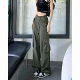 Women's Spring Summer Cargo Pants Elastic Waist Multiple Pockets Solid Vintage Fashion Tooling Style Straight Wide Leg