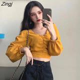 Women Solid Spring New Arrival Retro Puff Sleeve Tunic Crop Top Elegant Sexy Bodycon Long Sleeve Shirt Korean Lady