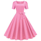Dot Vintage Dress Women Summer Tunic Robe Elegant Short Sleeve Square Collar A-Line Midi Party Sundress 50s 60s