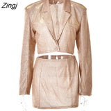 Autumn Bright Silk Shiny Two Piece Sets Women Outfits Green Long Sleeve Blazer Mini Skirt Female Skinny Party Skirt