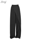 Women Clothing Buttons Irregular Patchwork High Waist Loose Mopping Pants All-match Solid Suit Straight Trousers