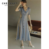 Reflective Puff Sleeve Long Midi Dress Women V Neck Tunic Asymmetrical Button Short Sleeve Flowy Ladies Summer