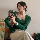 Knitted Pullovers Women Vintage Solid Sweaters Korean Elegant Slim Knitwear Autumn Winter Square Collar All Match
