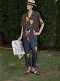 Ukiyoe Hannya Print Blue Pants Summer Trousers Women Lace Up Drawstring Pants Ankle-Length Aesthetic Pants