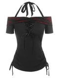 Halter Lace Up Cinched Tee Lacing Tee Off The Shoulder Tee for women summer short sleeve