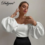 Solid Women Lantern Sleeve Crop Top Off Shoulder Lace Up Elegant Party Streetwear 2021 Spring Summer Top