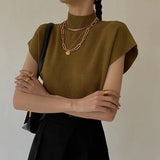 Vest Shirt Summer Solid Stand-up Collar Knitted Vest Short Sleeve Office Lady Loose Elegant Straight Top All Match