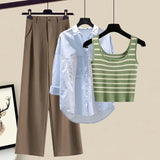 Women Pants Sets Summer Casual Striped Knitted Vest+long Sleeve Sunscreen+wide Leg Long Pant 3 Pieces Set Women Outfits