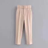 Solid Women Suit Pants Office Lady Empire Waist Belt Trousers Elagant Sashes Casual Chic