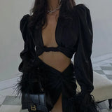 Fashion V Neck Satin Patchwork Feather Black Blouses Sexy Long Sleeve Top Women Long Sleeve Cropped Auturn