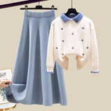Knitted Two Piece Set Womens Outfits Korean Casual Turn Down Collar Long Sleeve Embroidery Knitted Sweater+skirts
