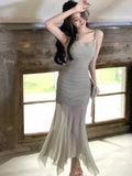 Women Elegant Luxury Party Prom Midi Dress Summer Solid Irregular Mesh Straps Princess Vestidos Female Bodycon