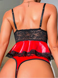 Red Pu Leather Deep Neck Lingerie Set- Outfit