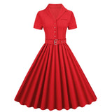 Rockabilly Vintage Belt Party Evening Dress Turn-Down Collar Short Sleeve A-Line Summer Solid Flare Office Elagant