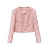 Plaid Tweed Cropped Jackets Women Sweet Pink Short Coats Vintage Korean Elegant Luxury Single Breasted Outerwear