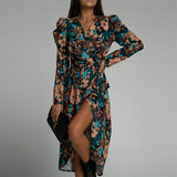 Autumn Vintage Floral Print V-neck Lace Up Dress Women Sexy Elegant Fashion Irregular High Slit Dresses Long Sleeve