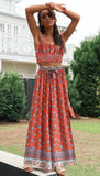 Queens Red Floral Print Two Piece Outfits Strapless Tops Bohemian Elastic Waist Pants 2 Pieces Rayon Cotton Boho