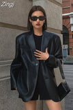 Autumn Black Brown Soft Pu Leather Blazer Women Shoulder Pads Long Sleeve Single Breasted Loose Casual Korean