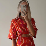 Fashion V Neck Drawstring Button Up Short Sleeve Blouse Women 2022 Geometry Print Belly Button Exposed Cropped Tunic