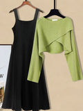 Winter Knitted Two Pieces Sets Womens Outfits Korean Casual Irregular Long Sleeve Short Sweaters And Knitting Dresses