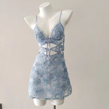 Sexy Sling Pyjamas Women's New Embossed Blue Hollow Lace Mesh Yarn Short Pyjamas Pure Desire High