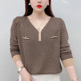 Winter Oversized V-neck Vintage Houndstooth Loose Casual T-shirt Female Long Sleeve Wild Pullover Top Women Bottomed