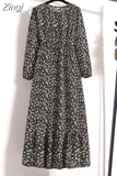 Women Elegant Floral Printed Long Dresses Spring Summer Casual O Neck Long Sleeve Ladies Chic High Waist A Line Beach