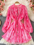 Vintage Women Pleated Chiffon Mini Dress Elegant V-Neck Draped Single Breasted Ruffle Vestidos Sexy Party Robe 2023