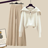 Winter Knit Two Piece Sets Womens Outfits Ladies Casual Sailor Collar Knitted Sweater And Wide Leg Pants Sets Koeran