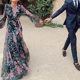 Queens Women Floral Print O-neck Backless Bohemian Maxi Dress Ladies Long Sleeve Irregular Boho Dresses