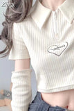 Half Zipper Turn-Down Collar T-Shirts Japan Style Chic Heart Print Crop Tops Short Y2k Tees Summer Oversleeve